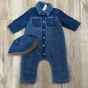 NWT Baby GAP One Piece and Bucket Hat Set 12-18 Month Blue Denim Sherpa Onesie